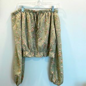 Artsy cottage core ditsy flower tie front off the shoulder ruffled blouse